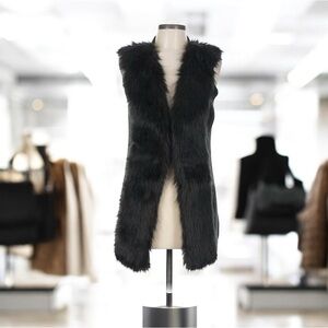 White House Black Market Faux Fur Black Shimmer Long Open Front Sweater Vest